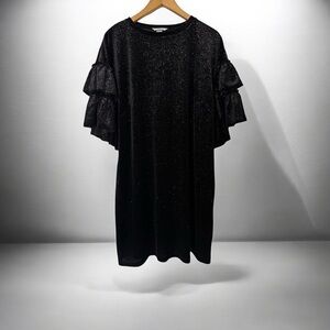 H&M Black Glitter Velour Dress Women’s Medium Ruffle Tiered Sleeve Mini Sparkle